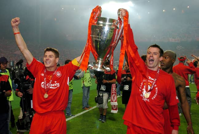 Gerrard and Carragher with the Champions League trophy. Image: PA Images