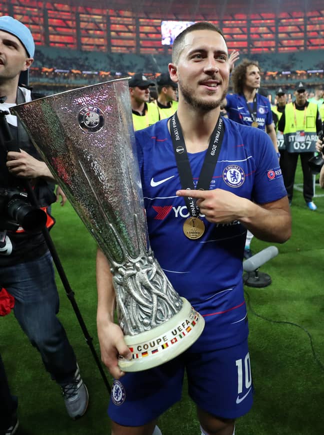 PA: Eden Hazard celebrates winning the Europa League with Chelsea.