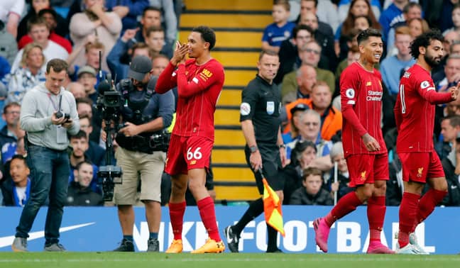 Trent Alexander-Arnold celebrated with a V for VOLTA after scoring against Chelsea on Sunday