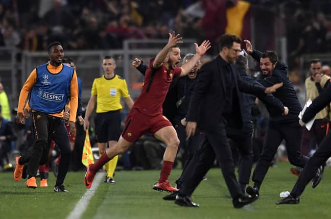 Manolas wheels away in celebration after scoring Roma's winner. Image: PA