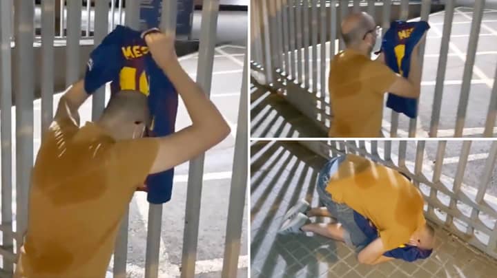 Barcelona Fan Parked Outside The Camp Nou Gates Filmed Crying While Holding A Lionel Messi Jersey