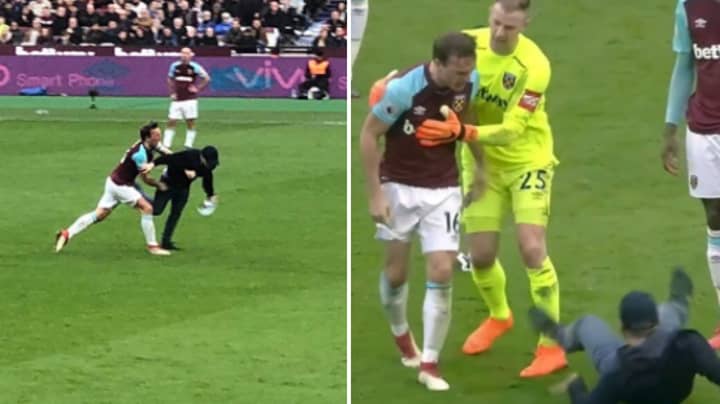 West Ham Fan Enters The Pitch, Mark Noble Throws Him To The Floor