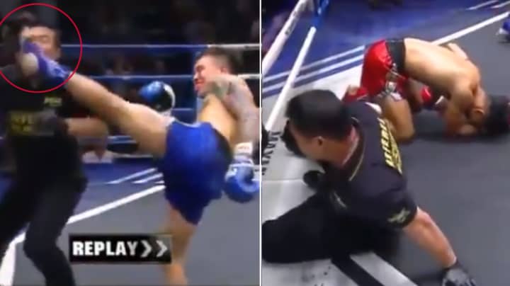Muay Thai Fighter Knocks Out Opponent And The Referee At Exact Same Time