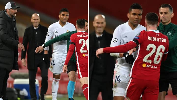Real Madrid Boss Zinedine Zidane Spotted Smiling During Casemiro And Andy Robertson's Heated Clash
