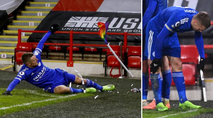 Jamie Vardy Smashes Corner Flag To Pieces Celebrating Leicester's Last Minute Winner Vs Sheffield United