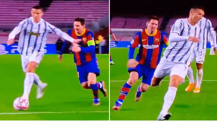 Juventus Ace Cristiano Ronaldo Tackles Barcelona Rival Lionel Messi In Champions League Clash