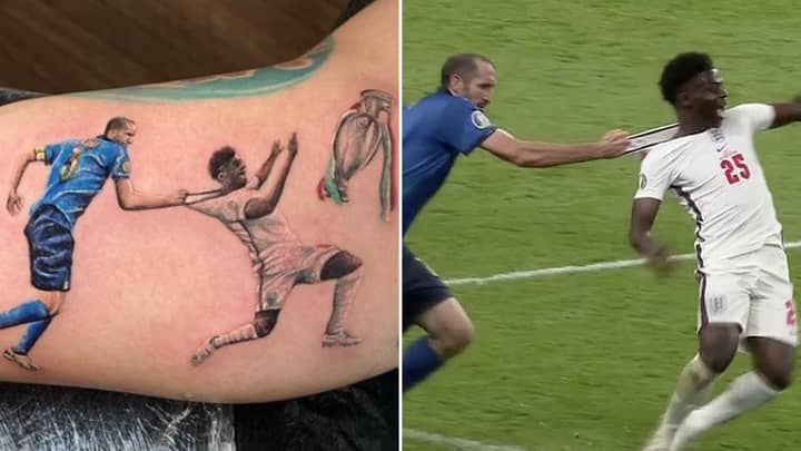 Italy Fan Gets Tattoo Of Chiellini Pulling Saka Away From Euro 2020 Trophy, It's Massive S**thousery