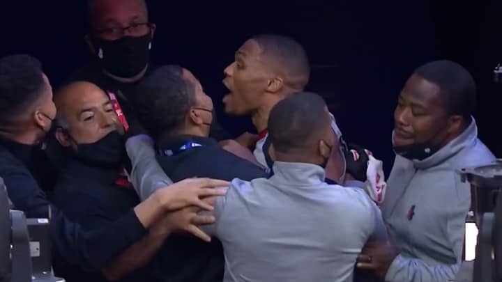 Scuffle Breaks Out After NBA Spectator Pours Popcorn On Russell Westbrook's Head