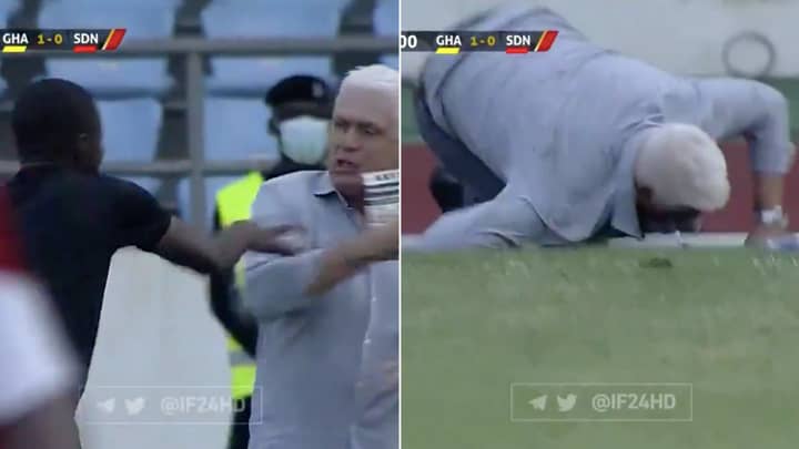 The Shocking Moment Assistant Referee Pushed Manager Over In Ghana Vs Sudan Game