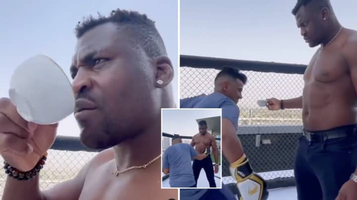 Francis Ngannou Sips Coffee While Man Tries To Hit Him As Hard As Possible In Body Shot Challenge