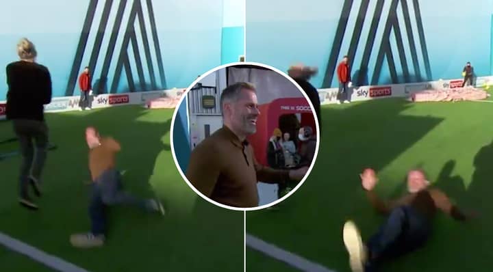 Jamie Carragher Nails Jimmy Bullard With Crunching Tackle During Soccer AM Shooting Challenge
