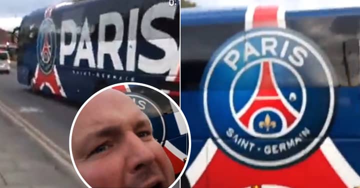 Manchester United Super-Fan Hilariously Greets PSG Team Bus Before Man City Clash